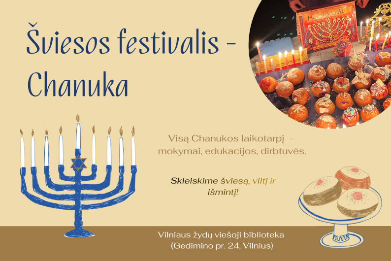 Iliustracija su menora ir vaišių stalu. Žodžiai: „Šviesos festivalis – Chanuka“