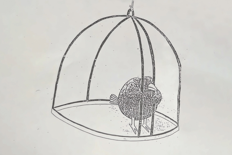 Iliustracijoje pavaizduotas liūdnas paukštis narve, iš kurio galėtų lengvai išskristi